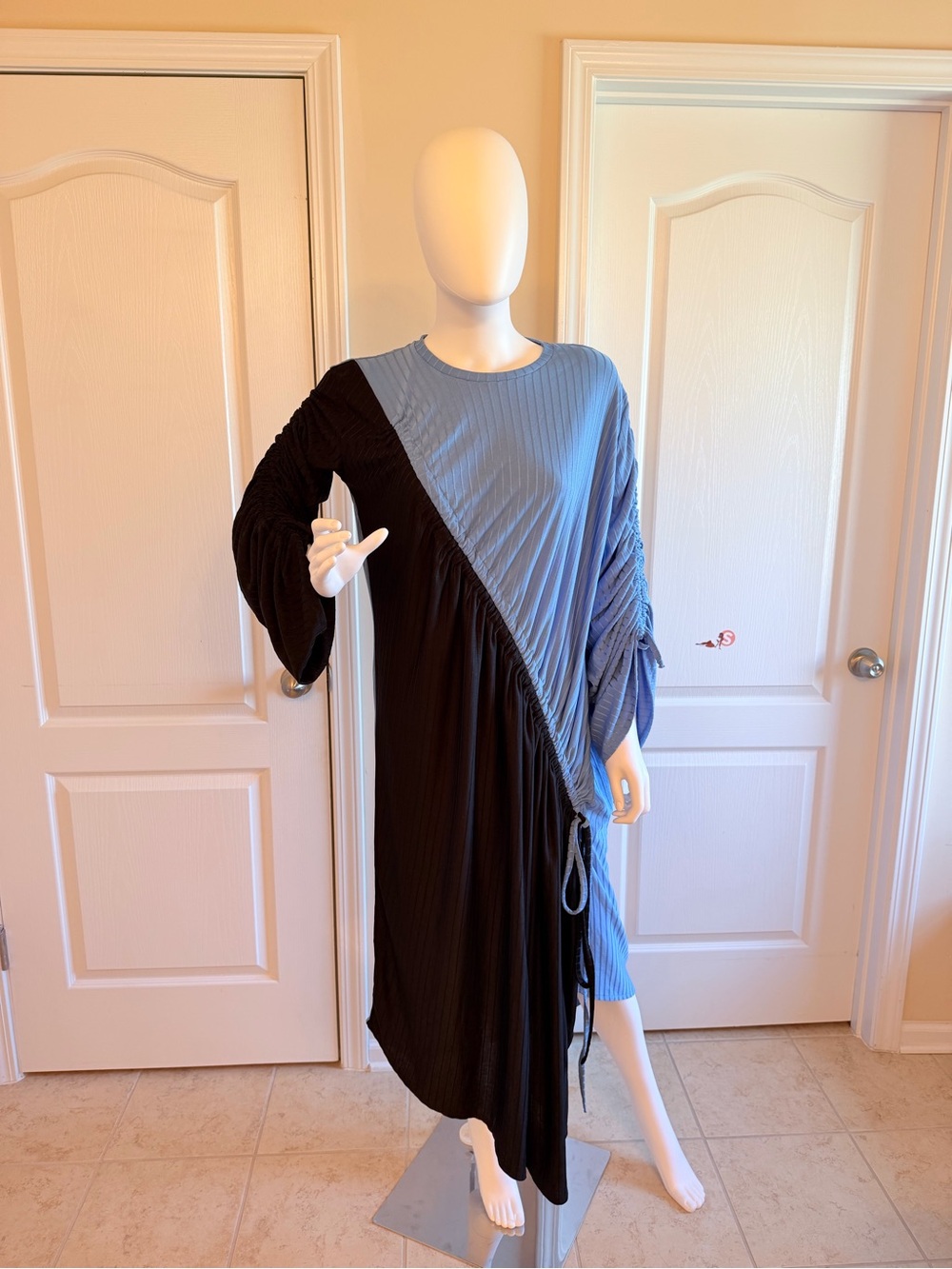 Zara Black & Slate Blue Asymmetrical Midi Dress Size L Like New